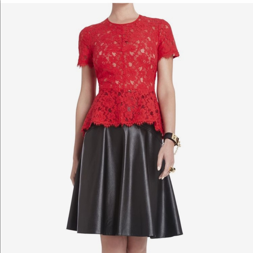 BCBGMaxAzria Red Lace Peplum Top with Zip Back